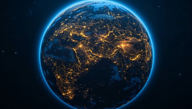 Illuminated earth at night showing global connectivity through glowing network lines - Powered by Adobe