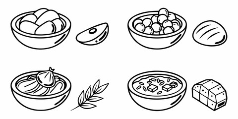 Hand-Drawn Food Icons in Bowls and Plates