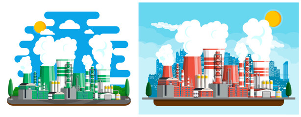 Industrial factory landscape with smoking chimney pollutant air pollution. Environment problem energy power generation station plant. Ecological disaster flat illustration.