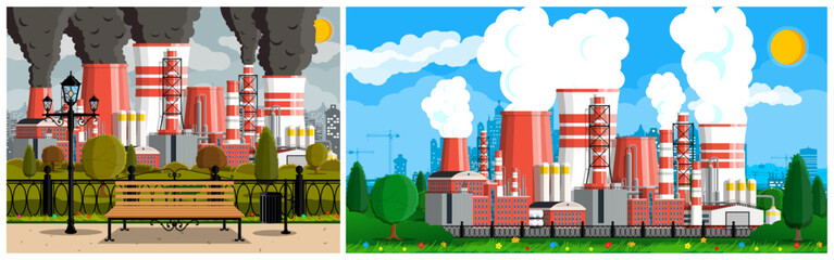 Two views of an industrial energy plant with factory pipes and smoke. Comparison of clean and polluted environment on Earth.