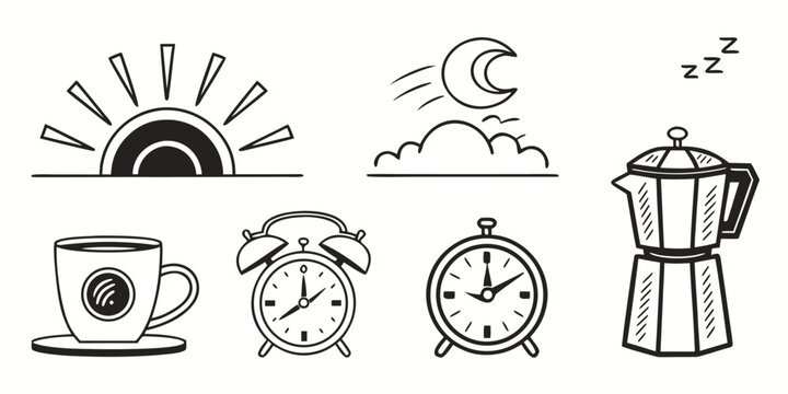 Morning Routine Icons: Sun, Moon, Coffee, Alarms