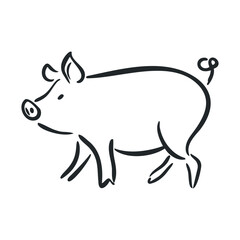 Fototapeta premium Playful pig walking through a farm yard in a whimsical style. Vector line illustration