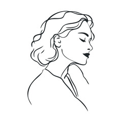 Elegant line art portrait of a woman in profile view for modern design. Vector line illustration
