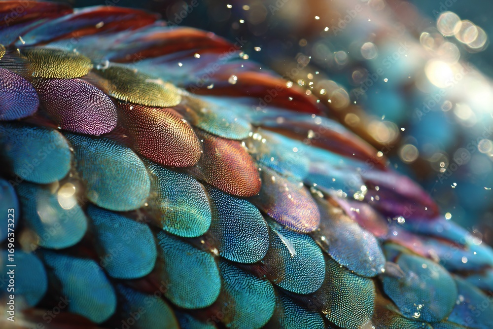 Wall mural Close-up of colorful overlapping scales with bokeh effect.
