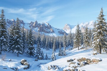 Snow-covered rocky terrain with pine trees in a chilly northern wilderness, illustrated in 2D cartoon style under a clear blue sky.