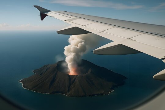 Fototapeta Dramatic Aerial View of Volcanic Island Eruption Seen from Airplane Window
