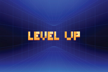 LEVEL UP icon pixel art. 8 bit game. retro game. Retro Futurism Sci-Fi Background. glowing neon grid. and stars from vintage arcade computer games