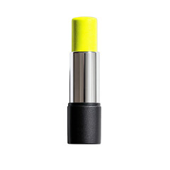 Obraz premium Bright yellow lipstick on a metallic silver and black tube
