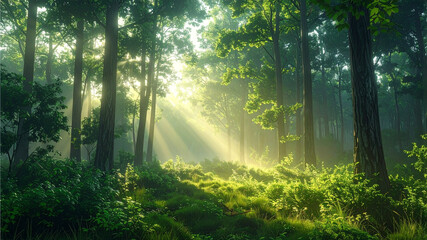 Scenic forest landscape with morning sunlight breaking through tall trees and mist, creating a magical natural atmosphere.
