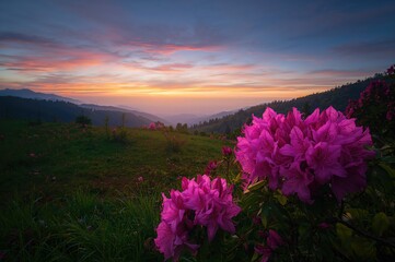 Obraz premium Stunning sunset featuring vibrant pink rhododendrons in a mountainous region. Exotic landscape photo wallpaper capturing summer's charm.