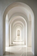Fototapeta premium 3d icon of an endless white corridor with arched ceilings and a bright light at the end, creating a sense of depth and perspective