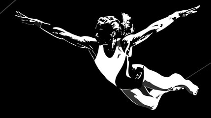 Female artistic gymnast jumping mid-air in dynamic silhouette with strong lines and high-contrast vector style, illustrating strength, grace, motion, athleticism, fitness, and Olympic sports concepts