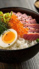 A mouthwatering Japanese rice bowl featuring glistening tuna sashimi, a soft-boiled egg with a glossy yolk, and vibrant salmon roe. Garnished with sesame seeds, chives, and microgreens, this close-up 