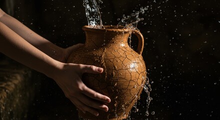 Woman holds cracked clay pitcher as water pours and splashes, symbolizing living water and abundance. Religious concept.