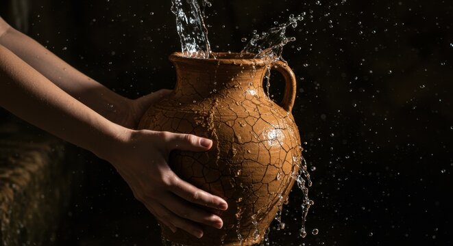 Woman holds cracked clay pitcher as water pours and splashes, symbolizing living water and abundance. Religious concept.