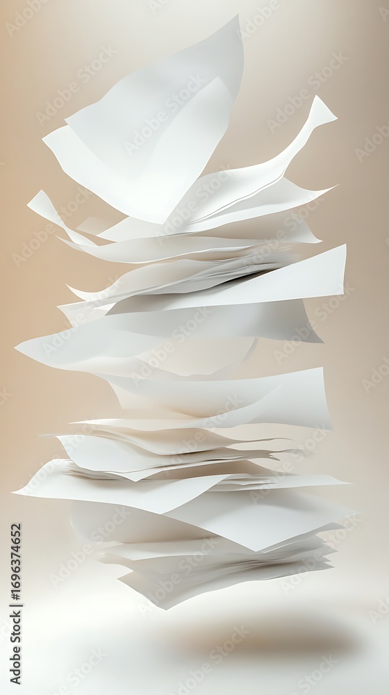 Poster a stack of white paper sheets floating in the air, with some sheets torn and crumpled