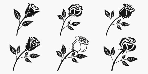 Set of Stylized Black Rose Illustrations