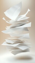 A stack of white paper sheets floating in the air, with some sheets torn and crumpled