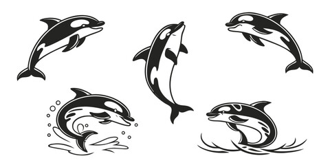 Set of Stylized Dolphin Illustrations in Black and White