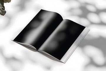 An open book with blank black pages, isolated on a blurred background with dappled light