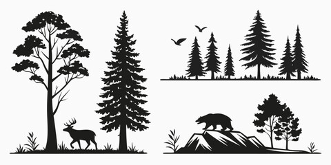 Silhouette of Forest Animals and Trees in Nature