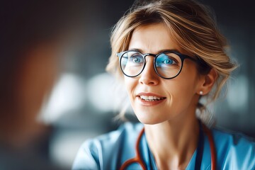 Healthcare professional discussing patient care in a well-lit clinic setting during daytime