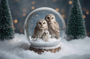 A winter globe featuring a trio of owls, including a tiny owlet seated on the snowy ground with two adult owls upright nearby, evoking a snug and comforting atmosphere