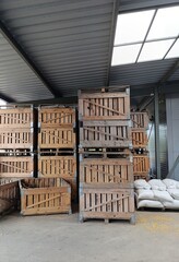 warehouse, wooden empty storage boxes
