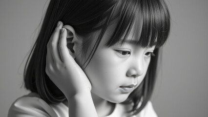 Obraz premium Thoughtful child with short hair, gently touching her ear, appears lost in contemplation. monochrome tones enhance emotional depth of moment
