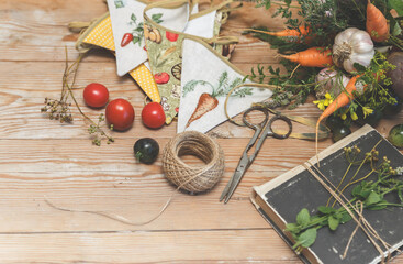 Rustic Harvest Still Life with Fresh Vegetables and Herbs