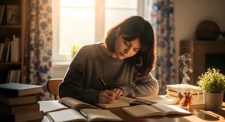 Young woman writing in a notebook at a desk, enjoying a cozy and peaceful moment with books and a warm drink.