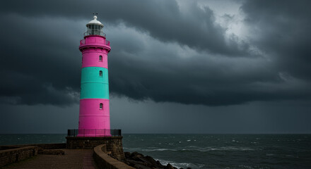 Pink and teal lighthouse against dark storm clouds over a choppy sea