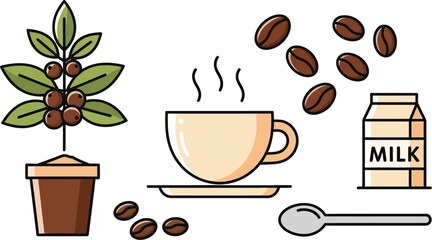 Obraz premium Fresh coffee beans, hot steaming cup and milk carton symbolizing a morning beverage.