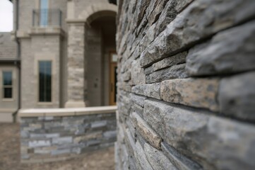 Architectural detail of a stone veneer wall featuring granite and slate in a newly constructed home