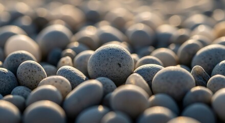 Obraz premium Smooth Round Pebbles on Beach with Soft Sunlight