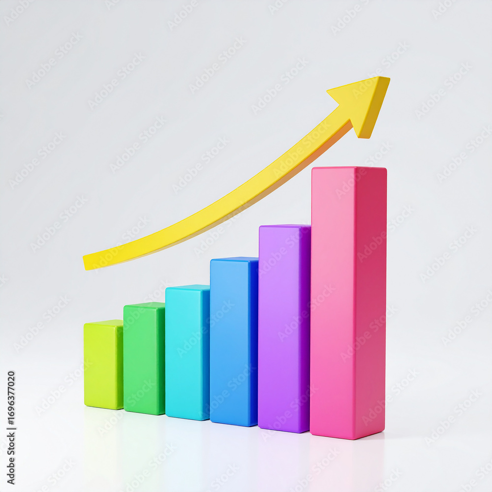 Poster 3d minimal data analysis. colorful statistic bar chart with an arrow rising. 3d illustration.chart, 