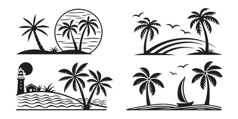 Tropical Beach Scene Silhouettes with Palm Trees and Ocean