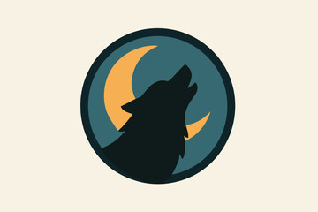 Silhouette of a Howling Wolf Against a Crescent Moon in a Circle.