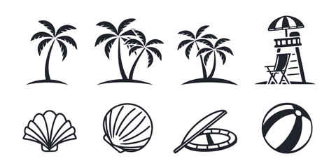Tropical Beach Summer Vacation Icons Set