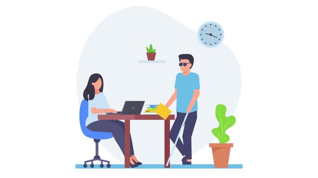 Conversation between man using white cane and woman with prosthetic arm animation, Empowering People of All Abilities animated video, employment rehabilitation clip,employee with disabilities footage