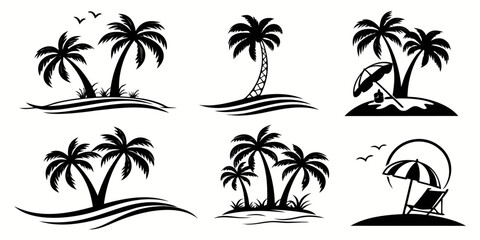 Tropical Island Palm Tree Beach Scene Silhouettes