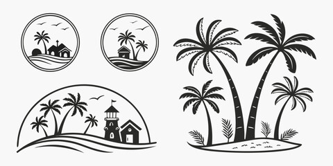 Tropical Island Scene Silhouettes with Palm Trees and Buildings