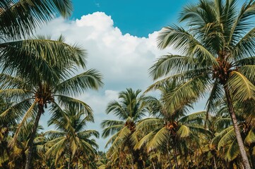 Coconut palms under a clear blue sky