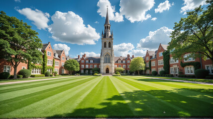 Historic Academic Bell Tower – Gothic Architecture with Manicured Green Lawn and Blue Sky for Campus Tours, Educational Institutions, and May College Visits