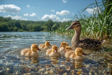 Adorable baby ducks gathered by the lakeside in a natural setting during springtime