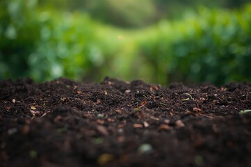 Fototapeta premium Rich soil with a soft-focused green landscape backdrop Representing environmental care and preservation of natural habitats