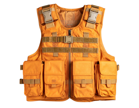 Urban Survival Tactical Vest in Orange Plaid with Headphones - Powered by Adobe