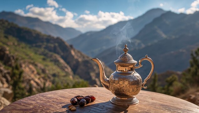 Renowned mint tea served in a silver teapot amidst mountain scenery