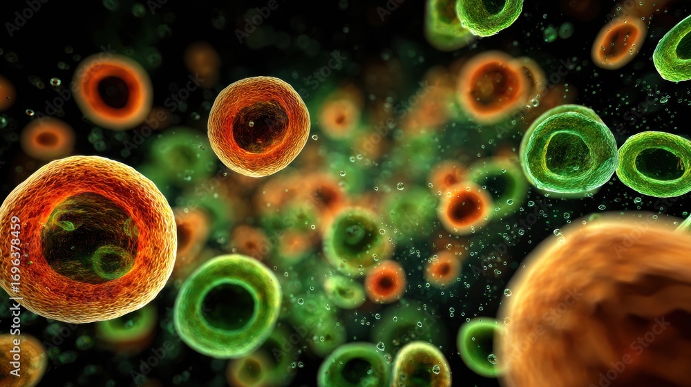 Poster microscopic view of diverse cellular structures floating in a liquid medium during a scientific obse