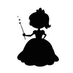 Vector illustration of a cartoon silhouette of a man, woman, and child with a princess and fairy